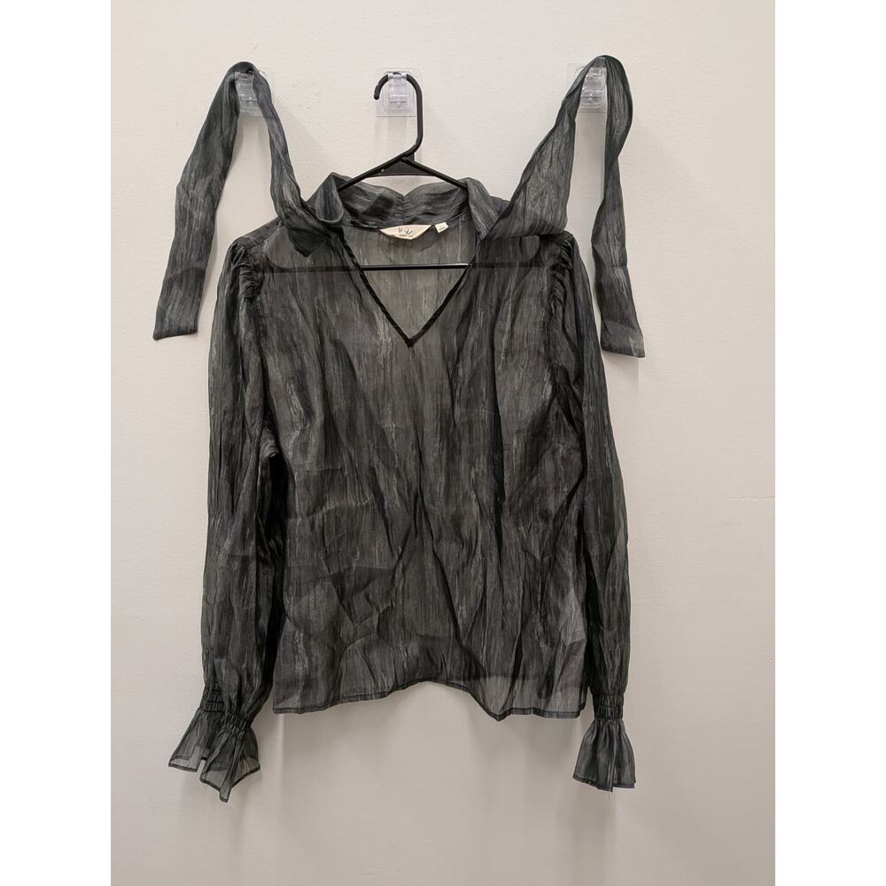 WithMe by Jennie Garth Sheer Gray Tie Neck Blouse Women Size Large L